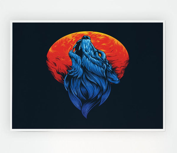 Wolf Howl Orange Moon Print Poster Wall Art