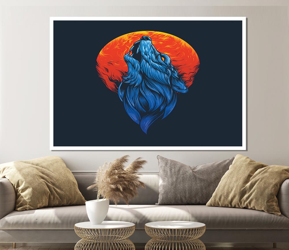 Wolf Howl Orange Moon Print Poster Wall Art