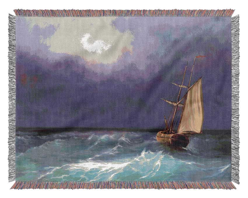 The Ship In The Crashing Ocean Woven Blanket