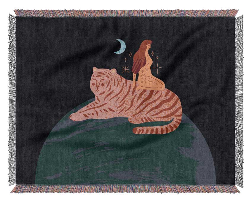 Woman And Tiger Planet Woven Blanket