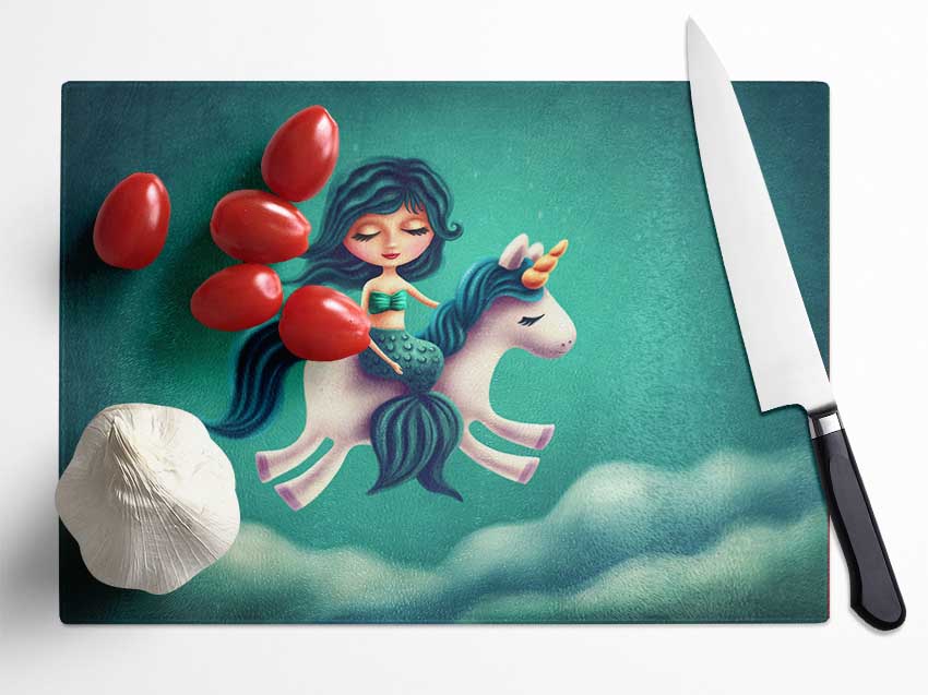 Mermaid Riding A Unicorn Glass Chopping Board