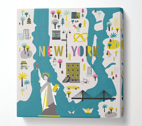 A Square Canvas Print Showing The Little Map Of New York Square Wall Art
