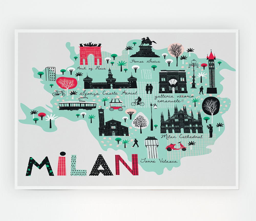 The Little Map Of Milan Print Poster Wall Art