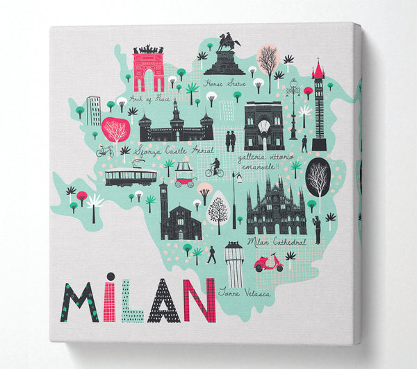 A Square Canvas Print Showing The Little Map Of Milan Square Wall Art