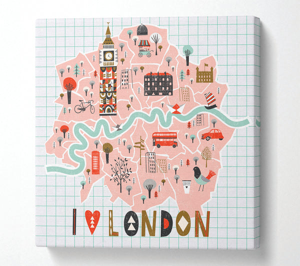 A Square Canvas Print Showing The Little Map Of London 2 Square Wall Art