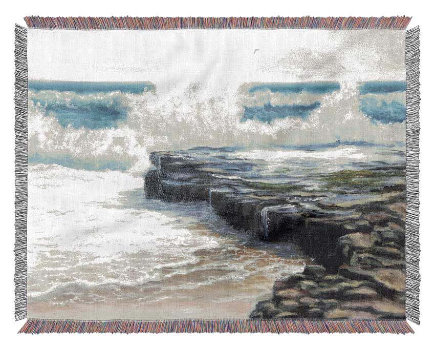 Waves Hitting The Rocks Woven Blanket
