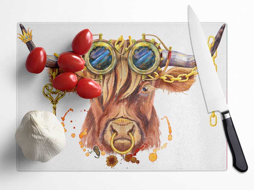 The Highland Cow Goggles Glass Chopping Board