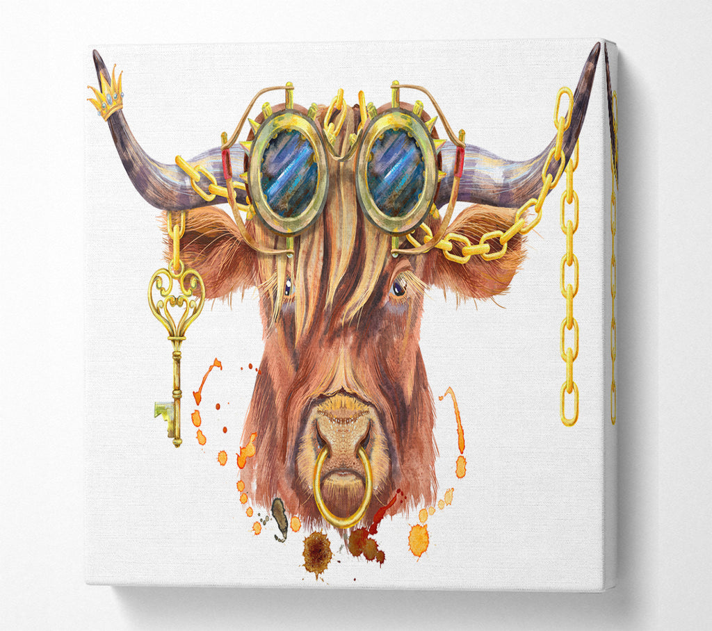 A Square Canvas Print Showing The Highland Cow Goggles Square Wall Art