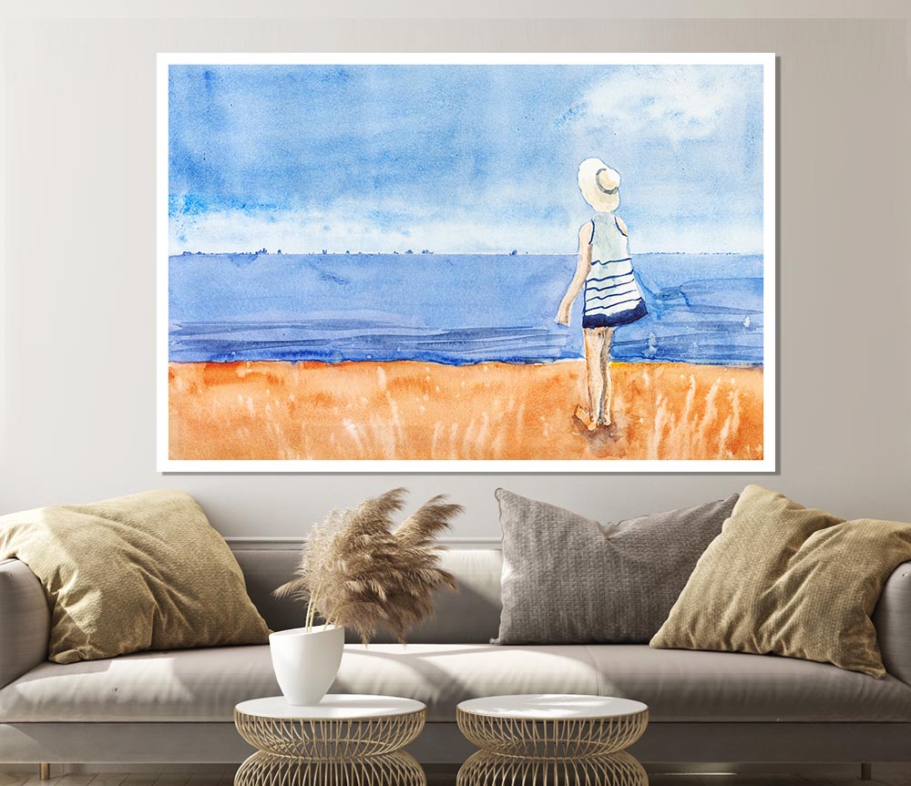 Woman Looking Out To Sea Print Poster Wall Art