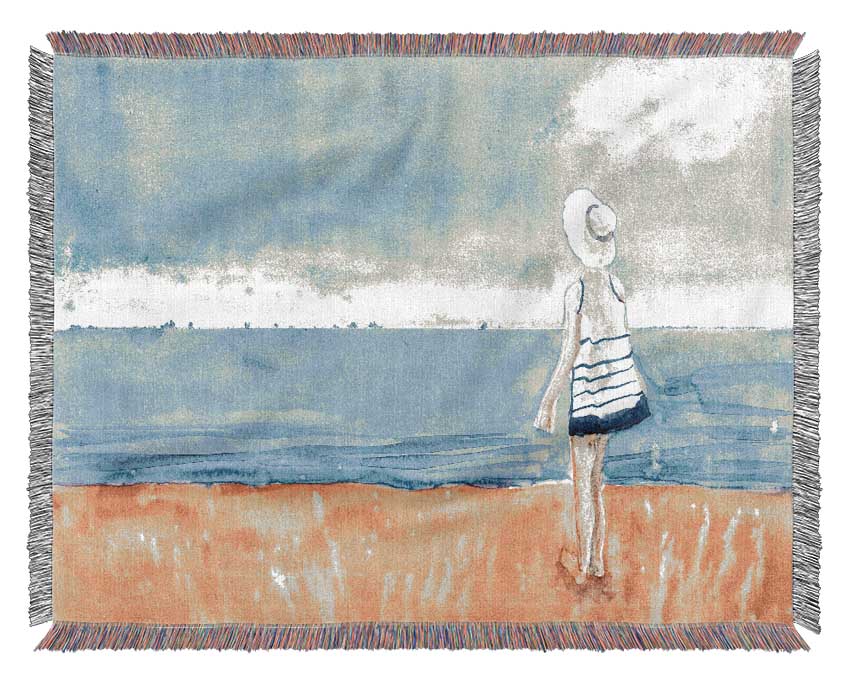 Woman Looking Out To Sea Woven Blanket