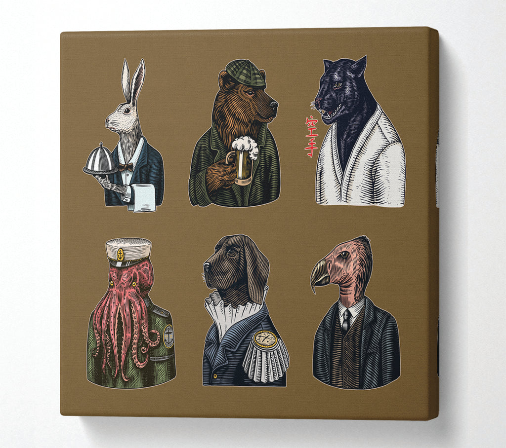 A Square Canvas Print Showing Six Vintage Animal People Square Wall Art