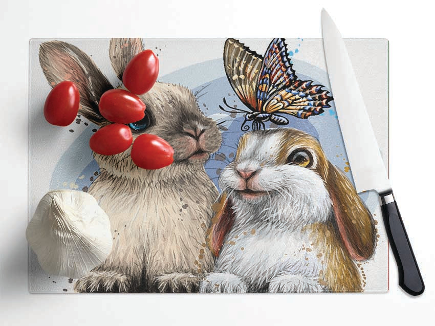 The Cute Bunnies With Butterfly Glass Chopping Board
