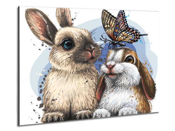 The Cute Bunnies With Butterfly Metal Print