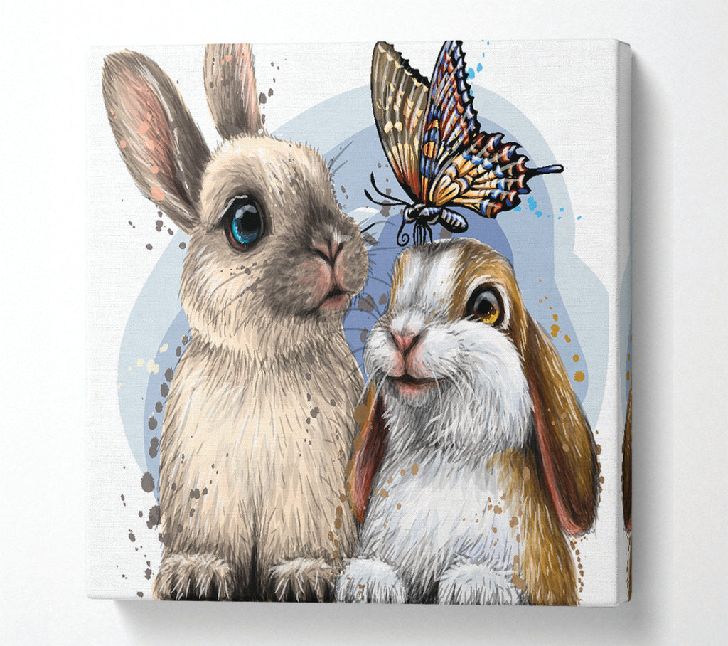 A Square Canvas Print Showing The Cute Bunnies With Butterfly Square Wall Art