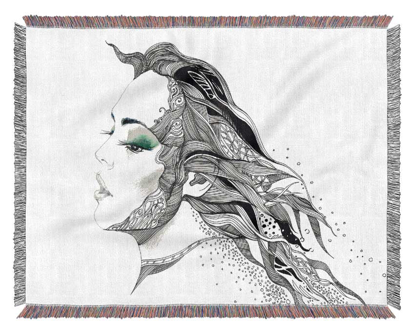 Woman Face Pen Scribble Woven Blanket