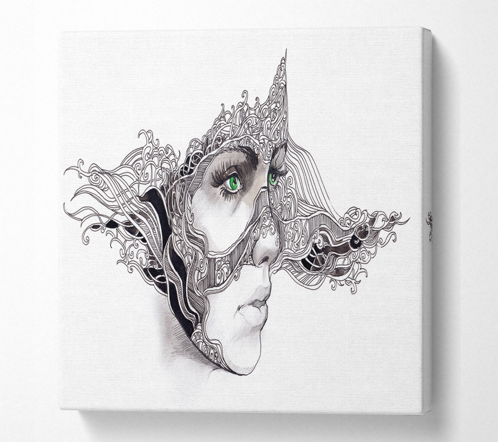 A Square Canvas Print Showing Woman Face Scribble 2 Square Wall Art