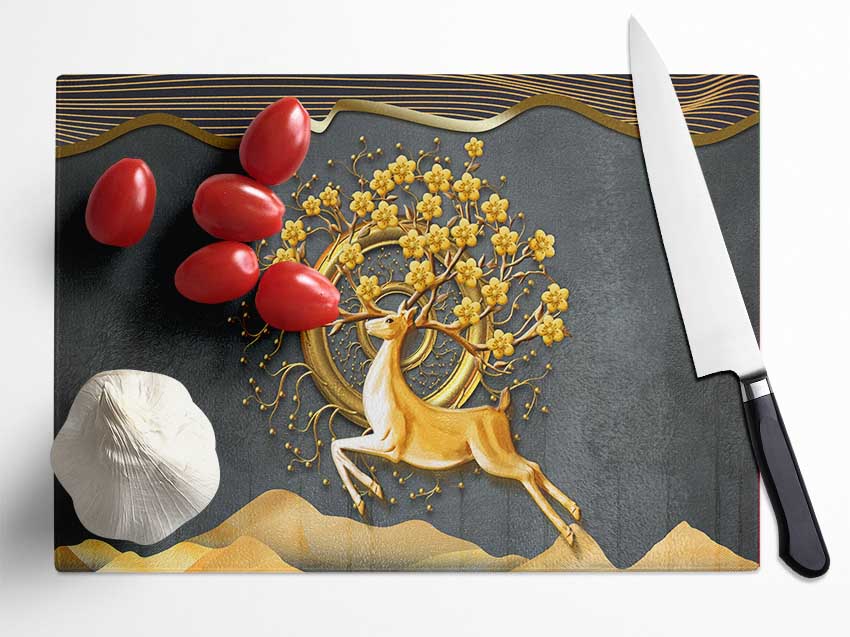 The Gold Flower Stag Tree Glass Chopping Board