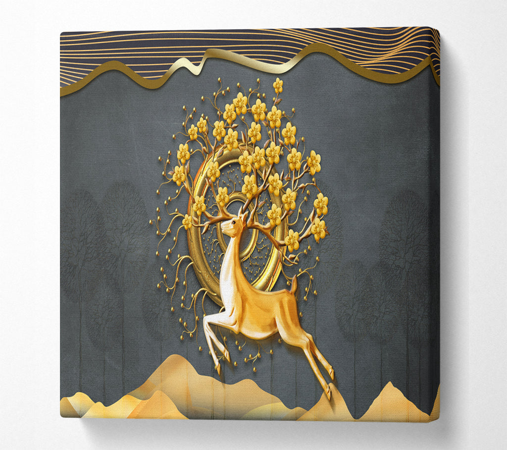 A Square Canvas Print Showing The Gold Flower Stag Tree Square Wall Art