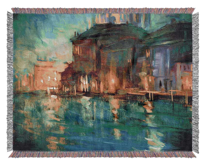 Water Reflections Town Lights Woven Blanket