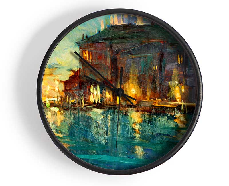 Water Reflections Town Lights Clock - Wallart-Direct UK