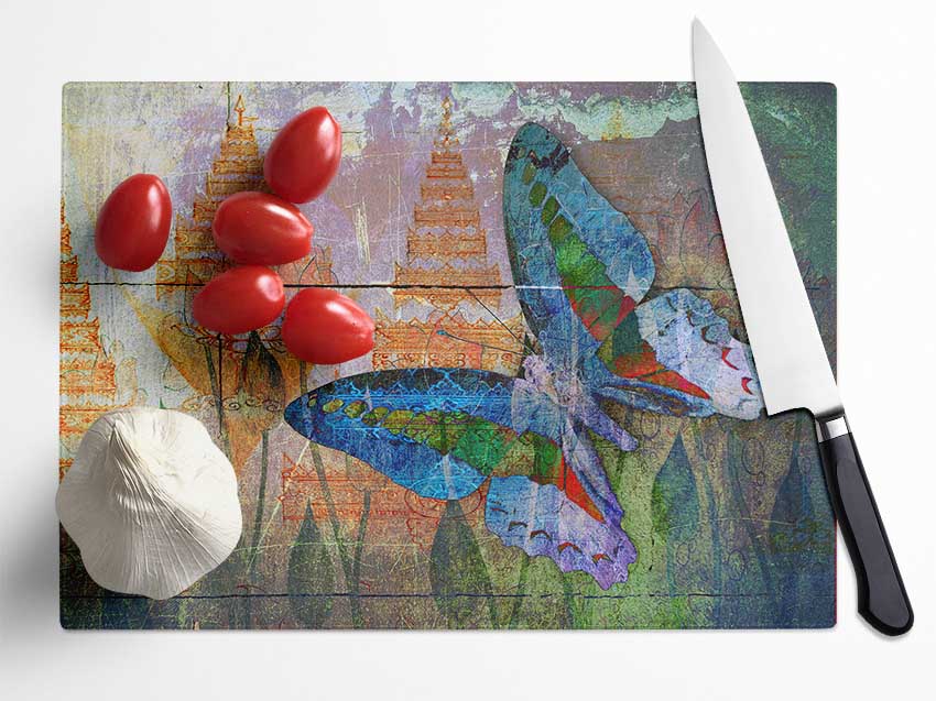 The Vivid Butterfly Grunge Glass Chopping Board