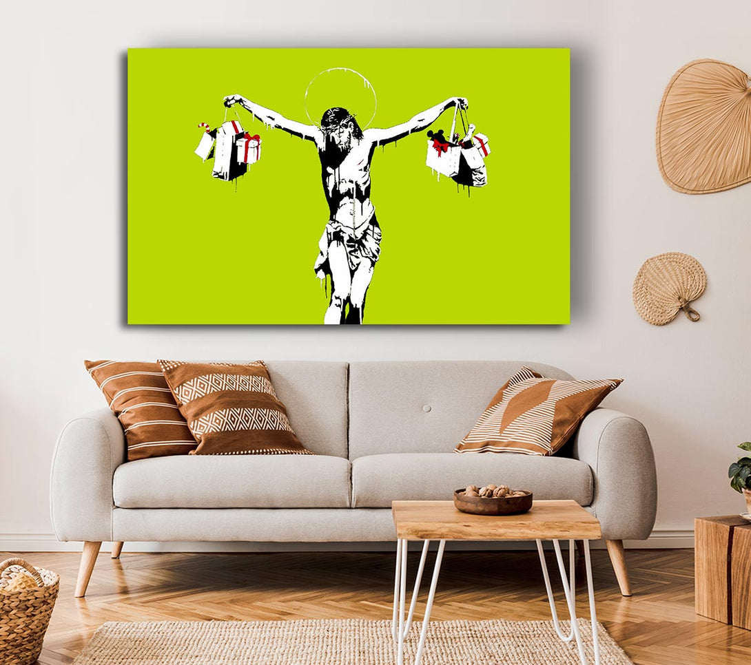  A Canvas Print of Banksy Thank Christ For Shopping Lime Canvas Print