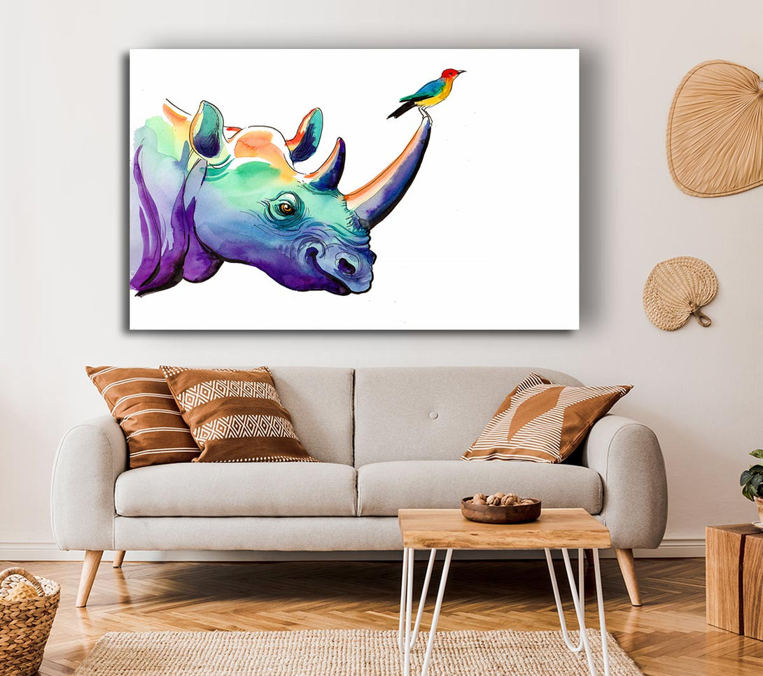 A Canvas Print of Rainbow Rhino Bird Canvas Art