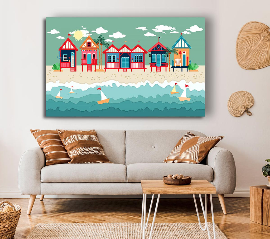 Picture of Beach Huts And Sailboats Canvas Print Wall Art