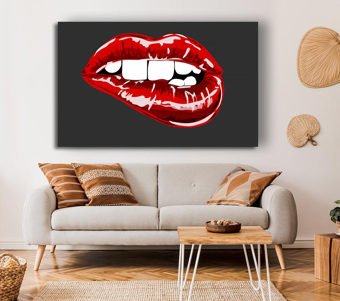 Picture of Red Lip Bite On Grey Canvas Print Wall Art