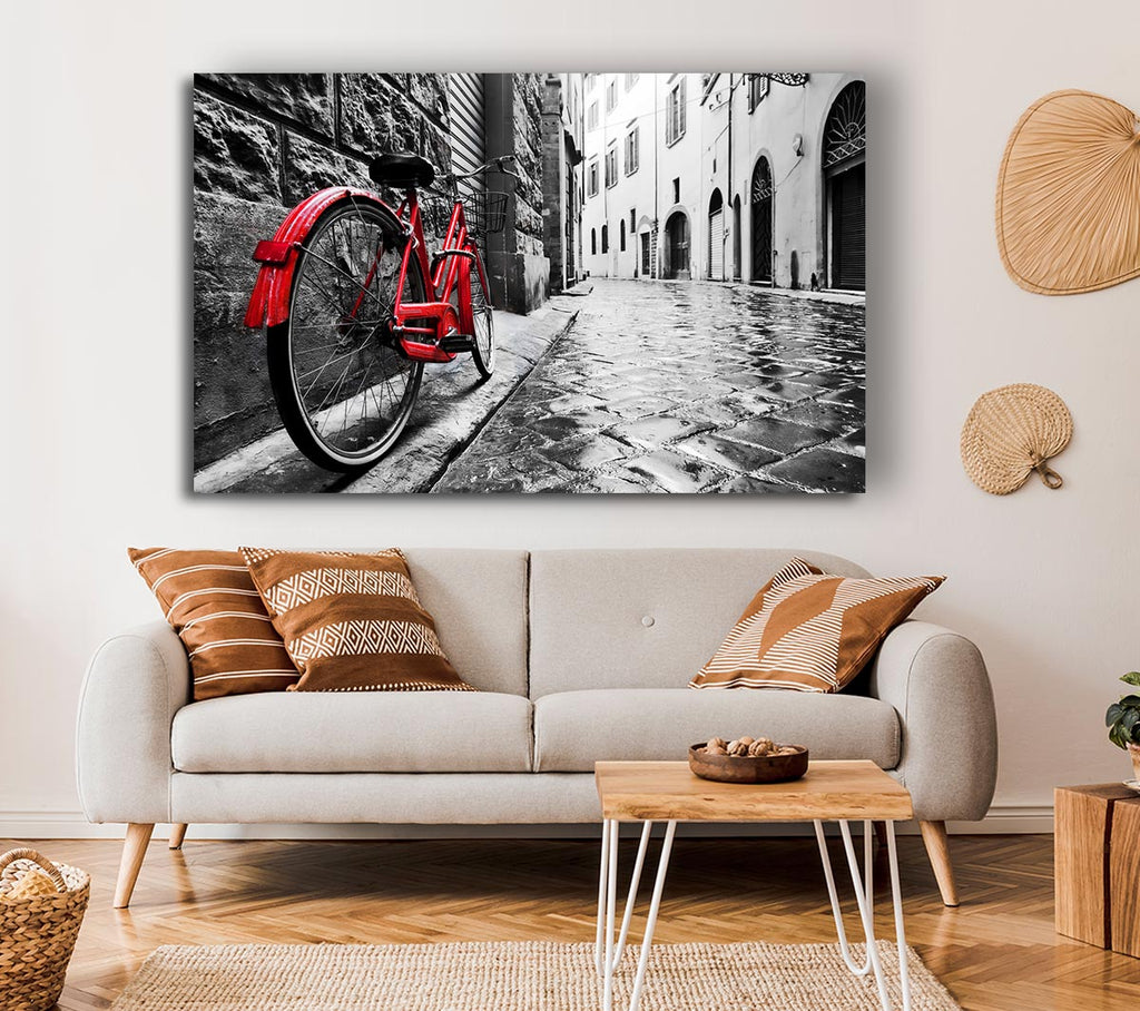 Picture of Red Bicycle In The Cobbled Streets Canvas Print Wall Art