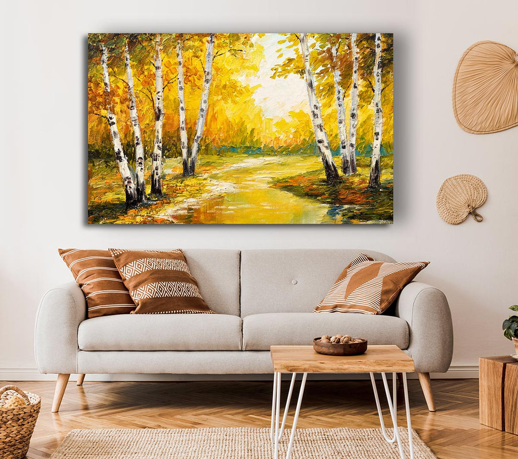 Picture of Yellow Silver Birch Walk Canvas Print Wall Art