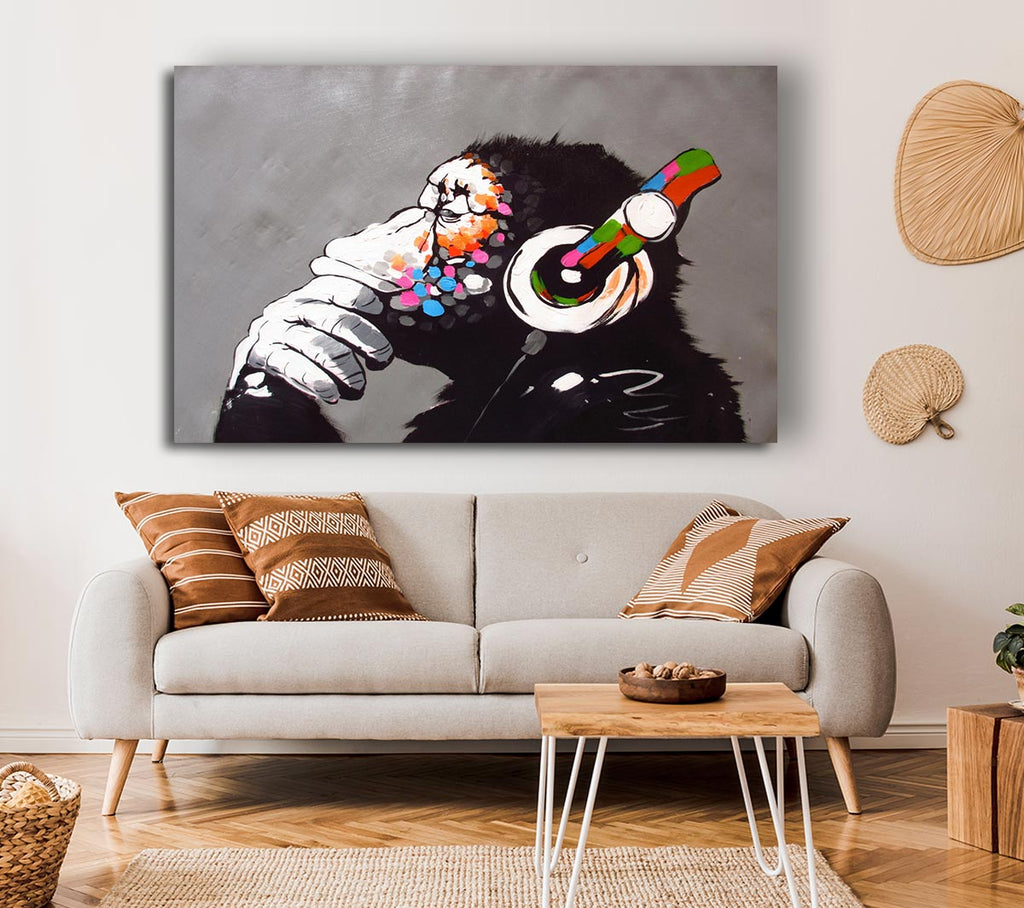 Picture of Chimp Headphones Thinking Canvas Print Wall Art