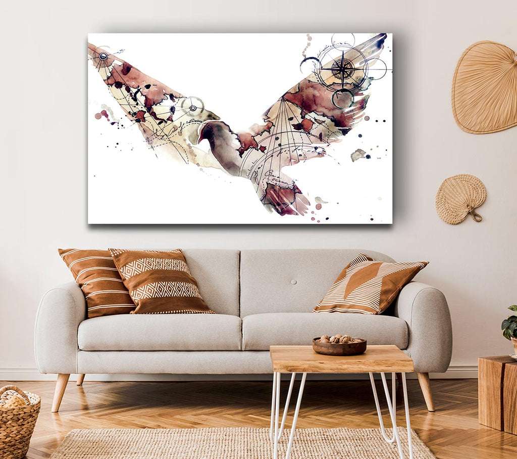 Picture of Dove in flight watercolour maps Canvas Print Wall Art