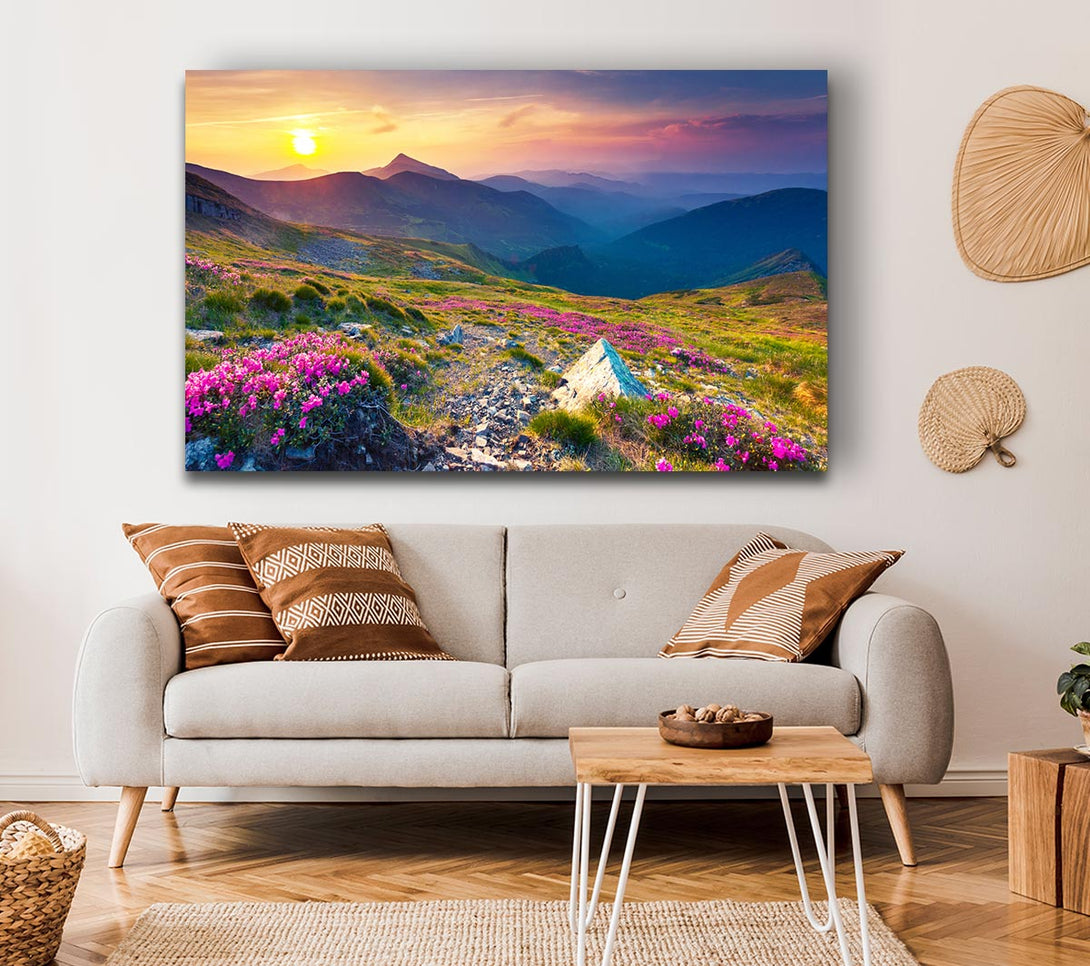 Picture of Beautiful mountain range and flowers Canvas Print Wall Art