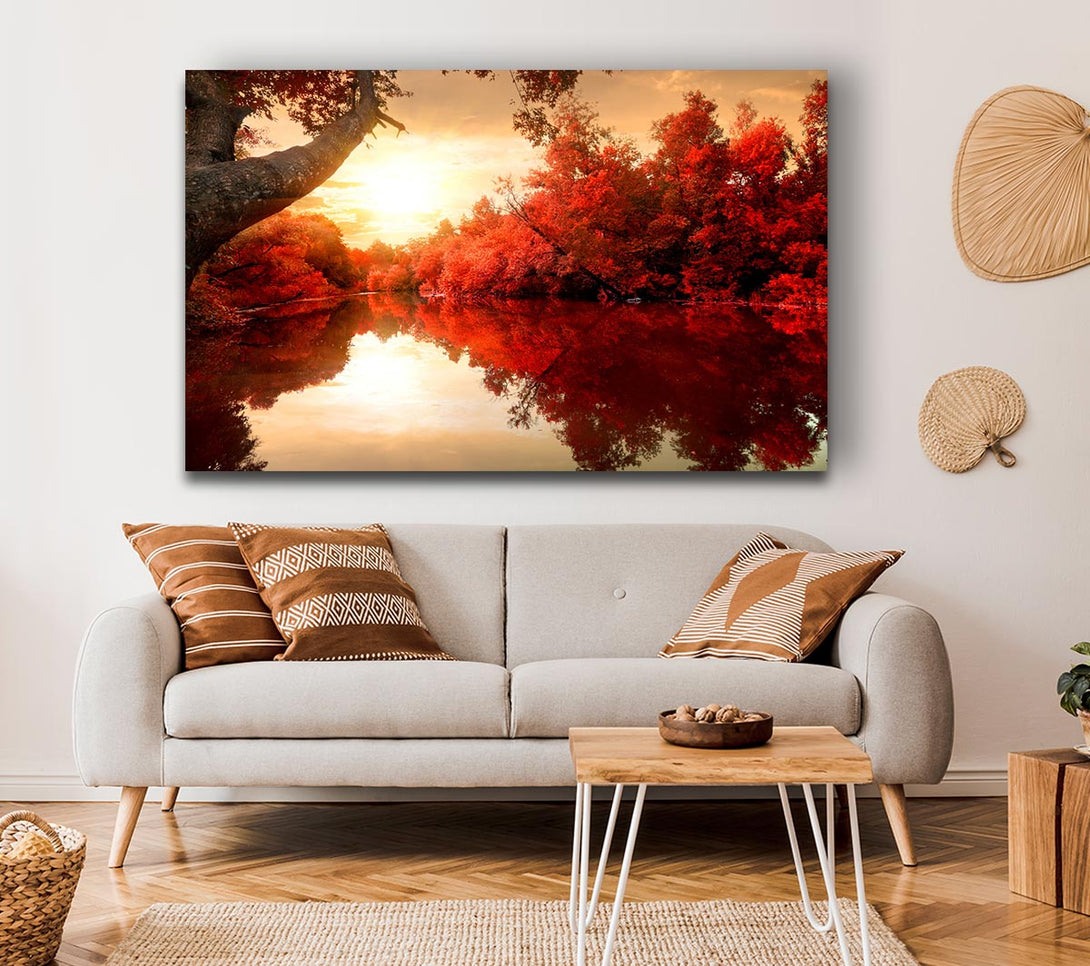 Picture of Stunning red forest reflections in the river Canvas Print Wall Art