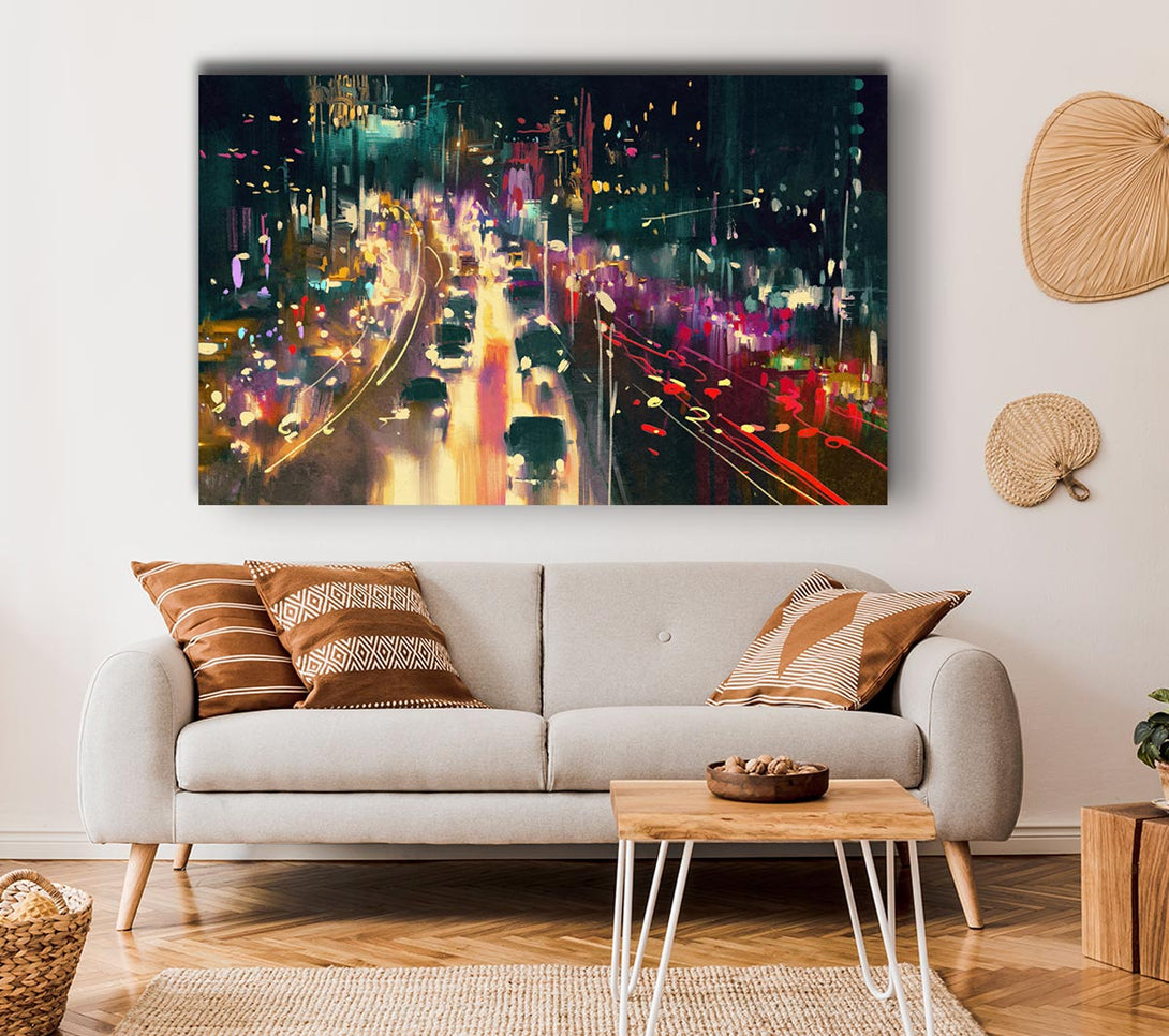 Picture of Busy Night Traffic Lights Watercolour Canvas Print Wall Art