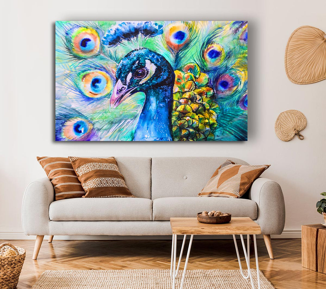 Picture of Vibrant Watercolour Peacock Canvas Print Wall Art