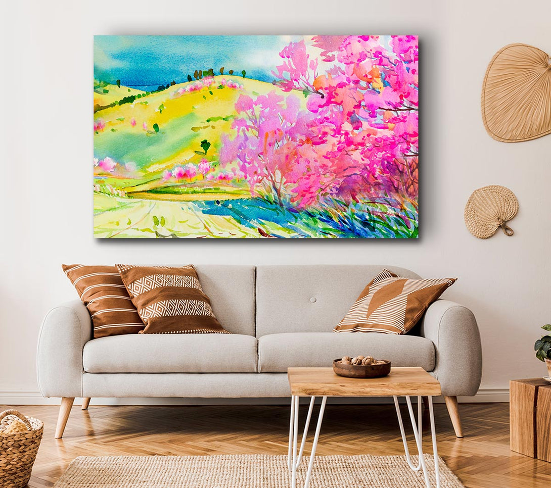 Picture of Pink Blossom Hilltops Canvas Print Wall Art