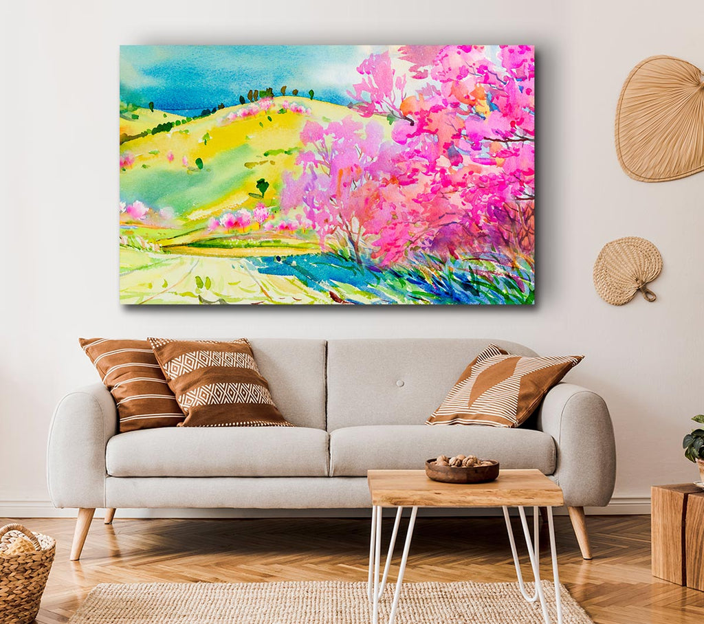 Picture of Pink Blossom Hilltops Canvas Print Wall Art