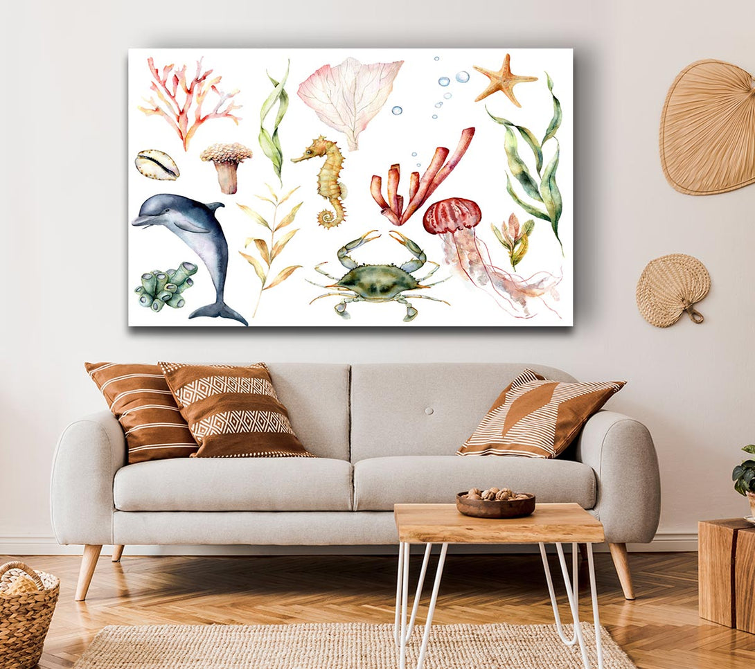 Picture of Water Colour Sea Creatures Canvas Print Wall Art