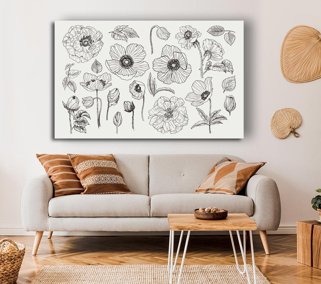 Picture of Hand Drawn Flowers Illustration Canvas Print Wall Art