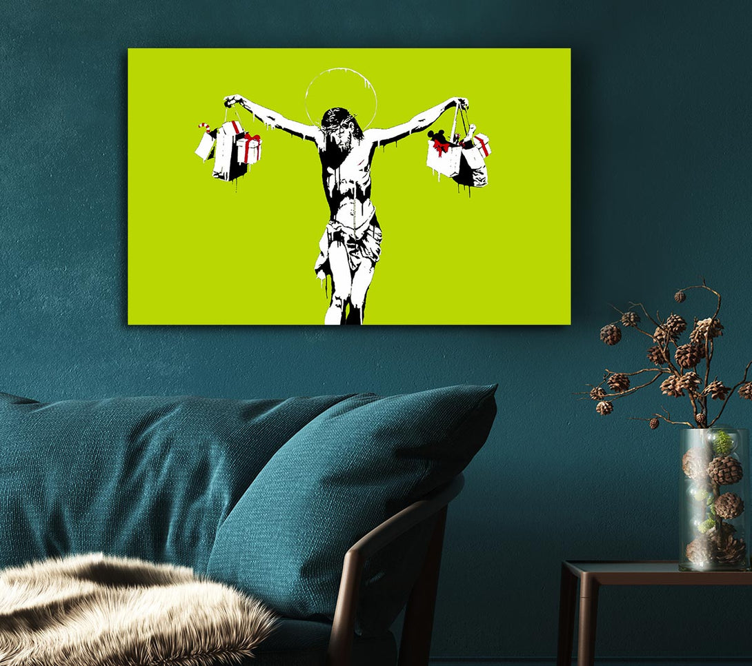  A Canvas Print of Banksy Thank Christ For Shopping Lime Canvas Print