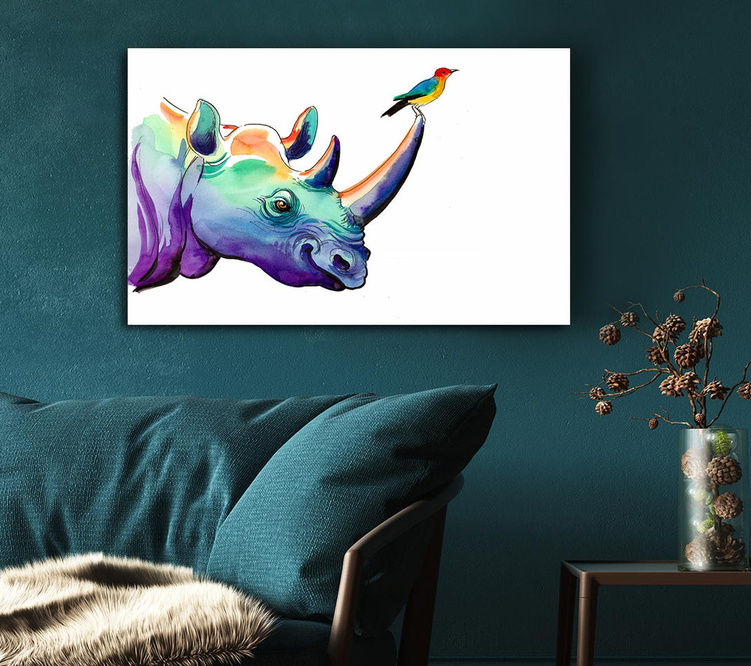  A Canvas Print of Rainbow Rhino Bird Canvas Art