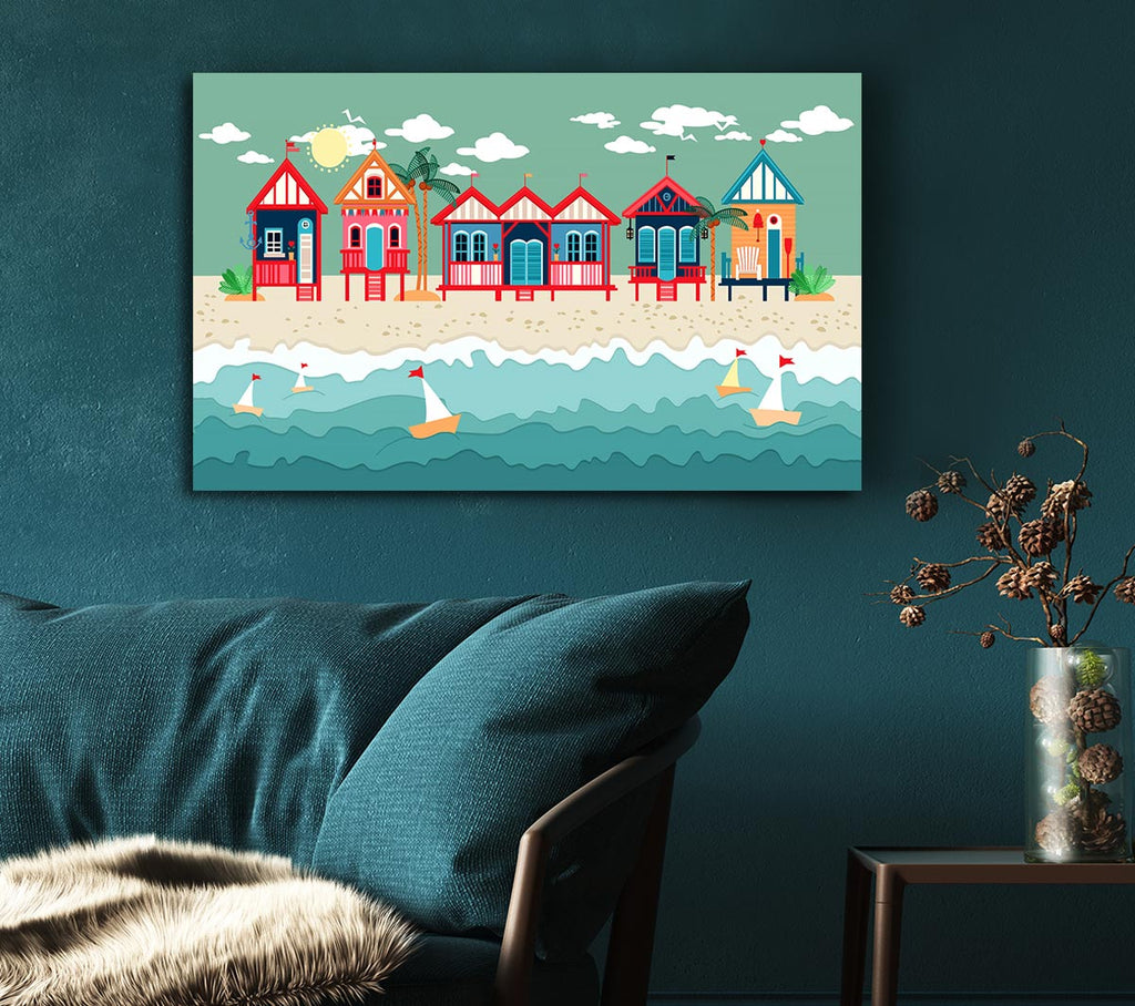 Picture of Beach Huts And Sailboats Canvas Print Wall Art