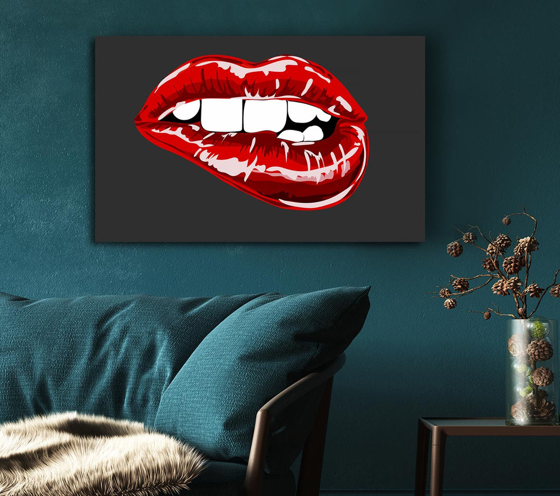 Picture of Red Lip Bite On Grey Canvas Print Wall Art