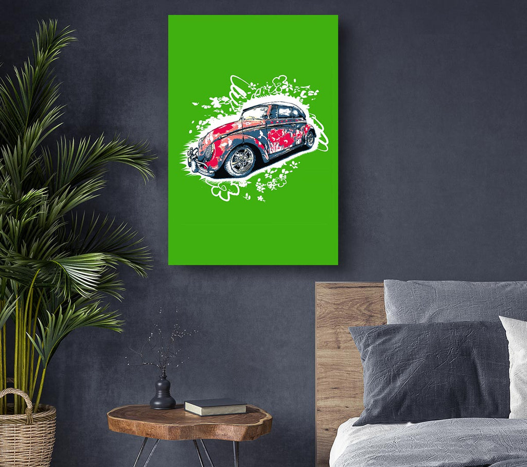 Picture of VW Beetle Flower Power Green Canvas Print Wall Art