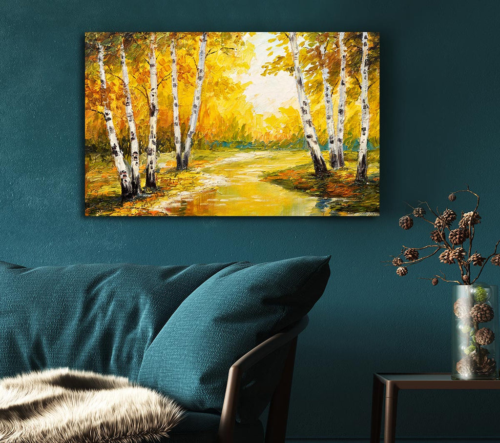 Picture of Yellow Silver Birch Walk Canvas Print Wall Art