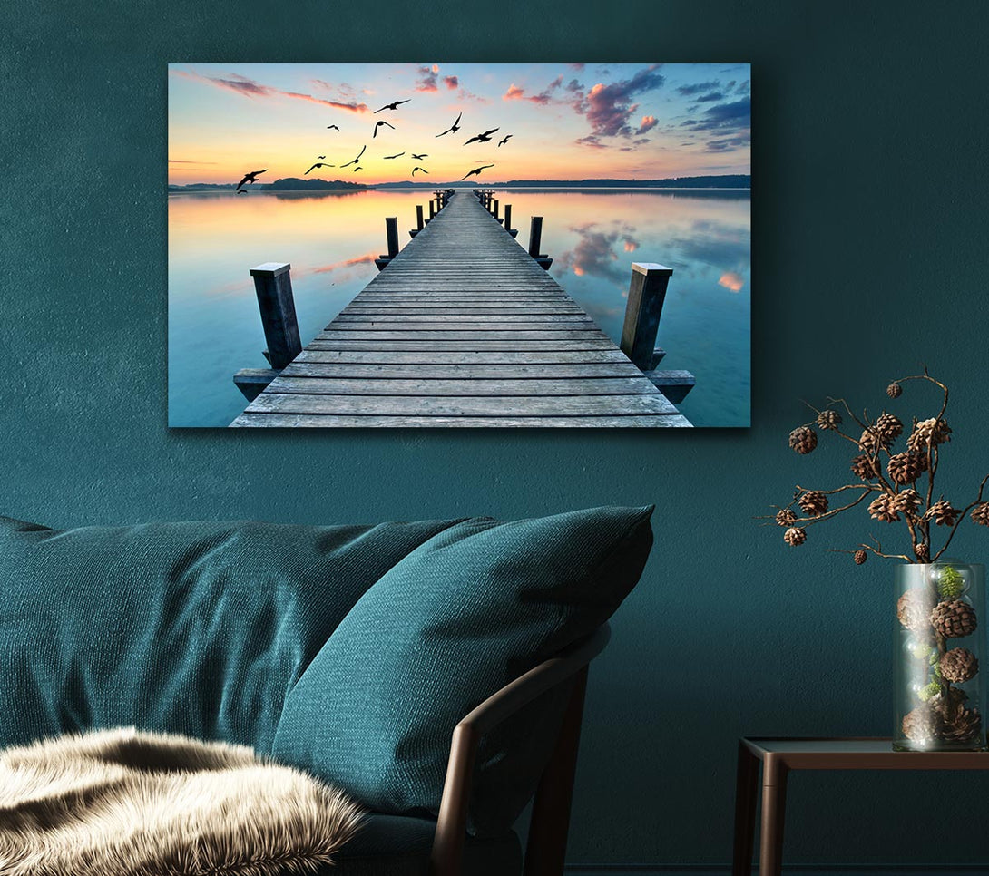 Picture of Bridge into the lake and seagulls Canvas Print Wall Art