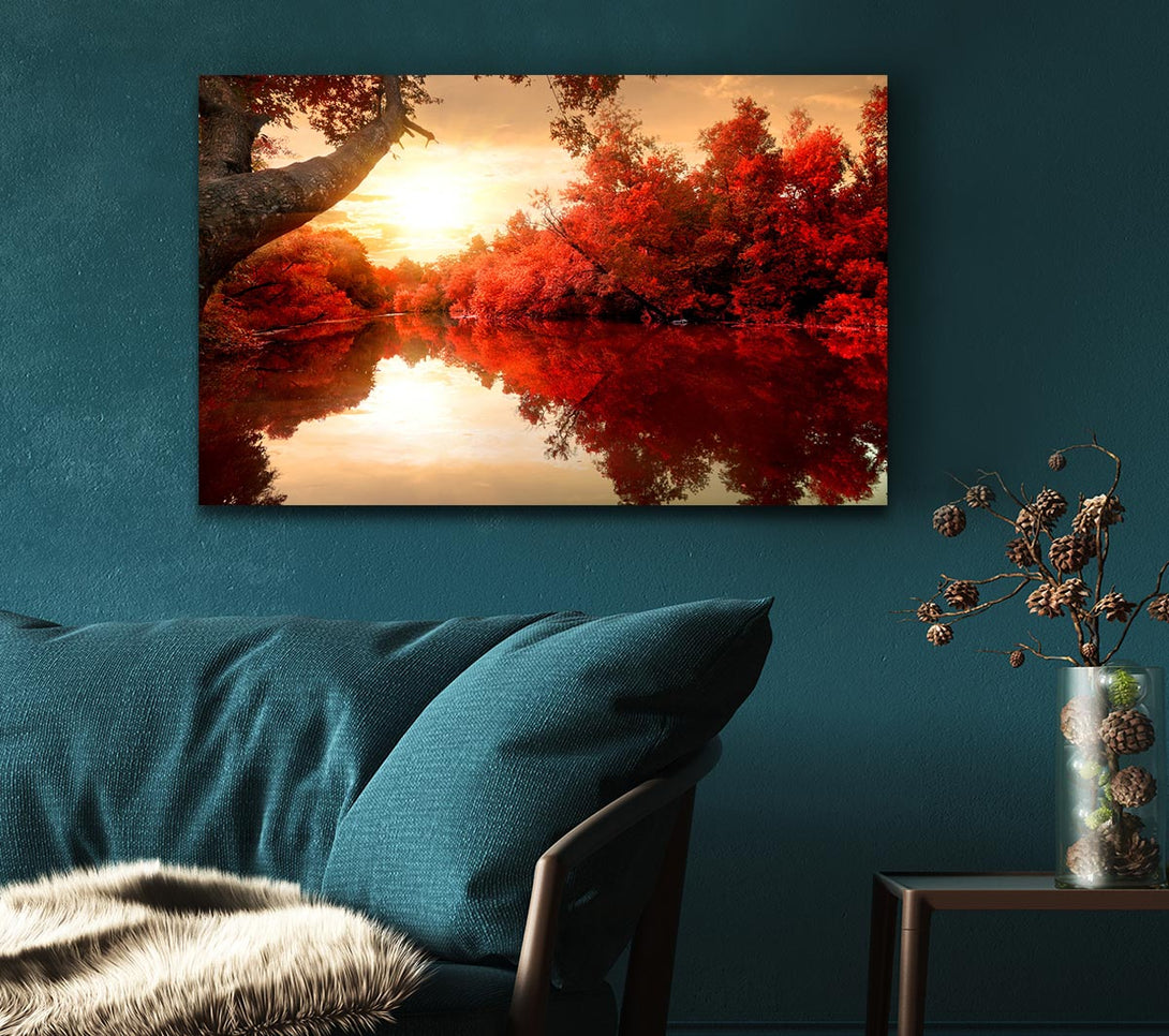 Picture of Stunning red forest reflections in the river Canvas Print Wall Art