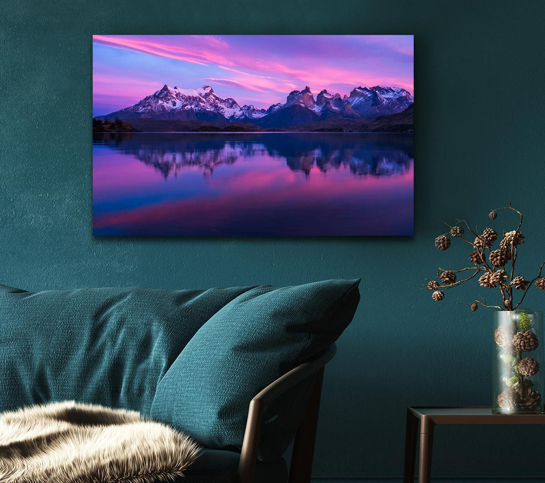 Picture of Purple and blue mountains above lake Canvas Print Wall Art